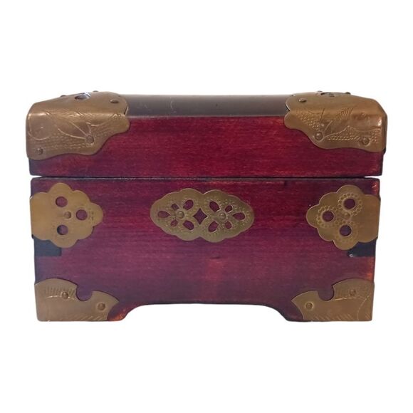 Vintage Cloisonne Wooden Jewelry Box Asian Brass Floral Rosewood Silk Lined - Picture 12 of 16